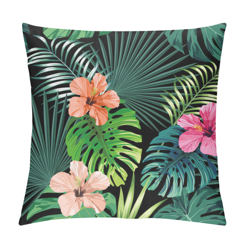 Personality  Seamless Exotic Pattern With Tropical Palm, Banana, Monstera Leaves And Rose, Beige And Pink Hibiscus Flower On A Black Background Green Vector Style. Hawaiian Tropical Natural Floral Wallpaper Pillow Covers