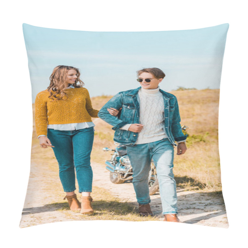 Personality  Happy Beautiful Couple Walking On Rural Meadow Pillow Covers