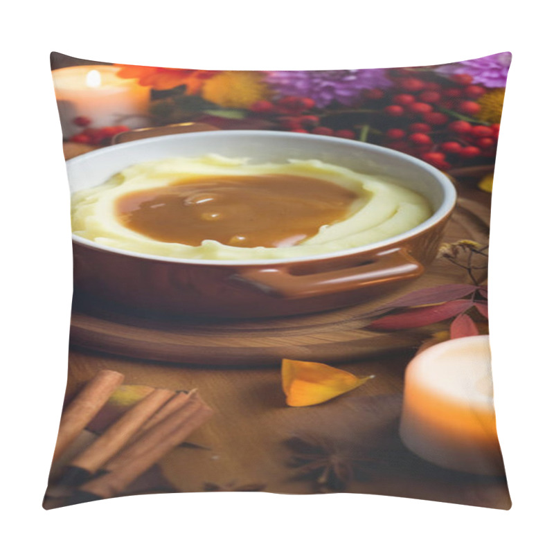 Personality  Extreme Close Up Of A Warm Bowl Of Mashed Potatoes Topped With Gravy, Placed On A Table Surrounded By Autumn Flowers And Candles. Pillow Covers