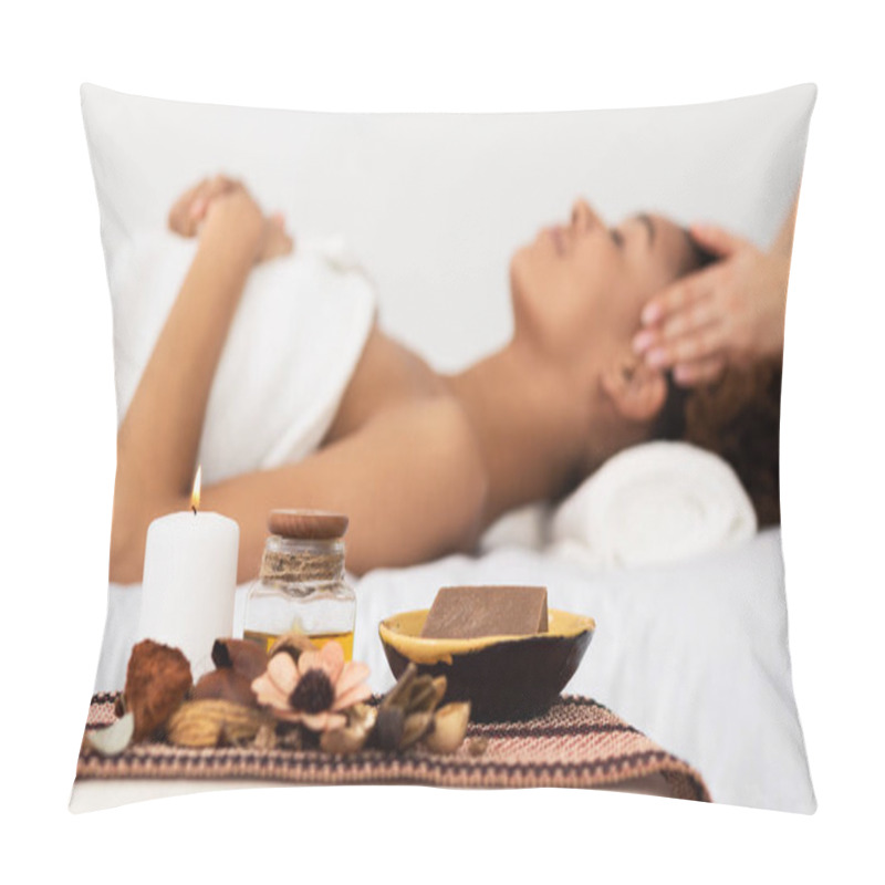 Personality  Aroma Spa. Afro Woman Enjoying Facial Massage In Luxury Spa Pillow Covers