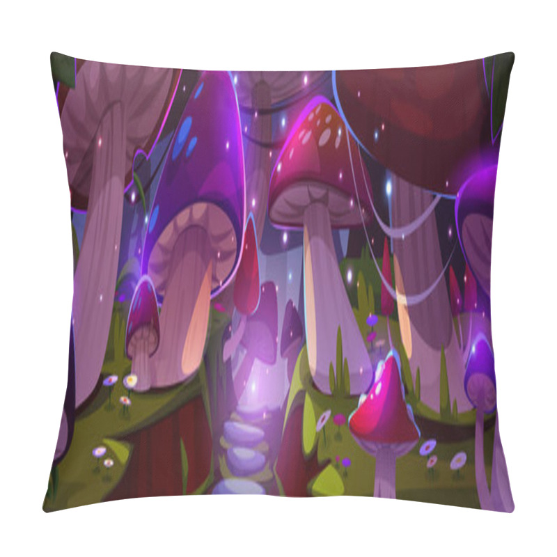 Personality  Magic Forest With Giant Mushrooms And Flowers At Night. Vector Cartoon Illustration Of Neon Color Plants Glowing In Woods, Fantasy Fireflies In Darkness, Fairytale Game Background, Gnome Village Pillow Covers