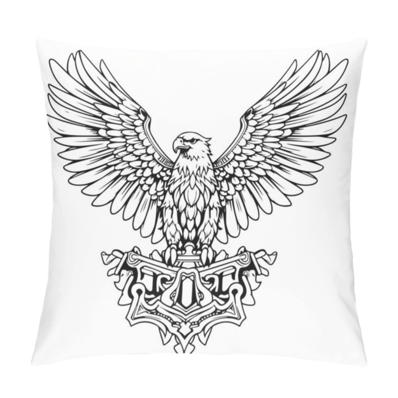 Personality  Heraldic Eagle With Spread Wings. Royal Symbol Hand Drawn Sketch In Vintage Engraving Style. Vector Pillow Covers