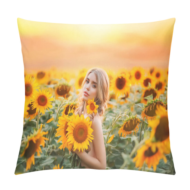 Personality  Woman Stands In A Field With Blooming Sunflowers And Hugs A Bouquet Of Flowers. Pillow Covers