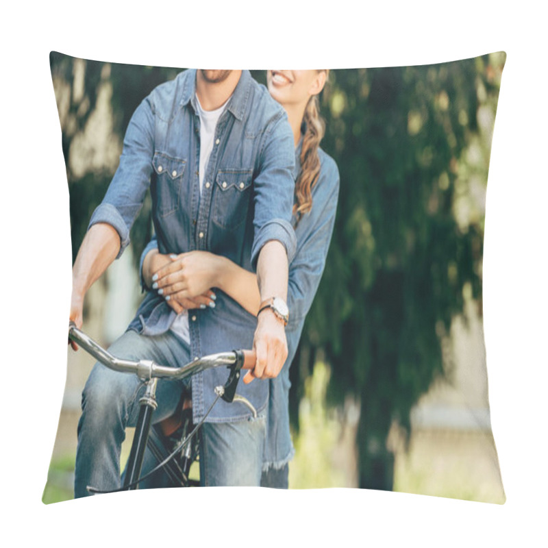 Personality  Cropped Shot Of Young Couple Riding Bicycle Together At Park Pillow Covers