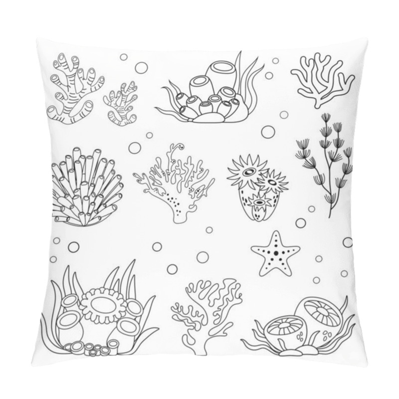 Personality  Marine Set, Algae And Coral In Simple Linear Style. Black And White Graphics For Books And Posters Pillow Covers