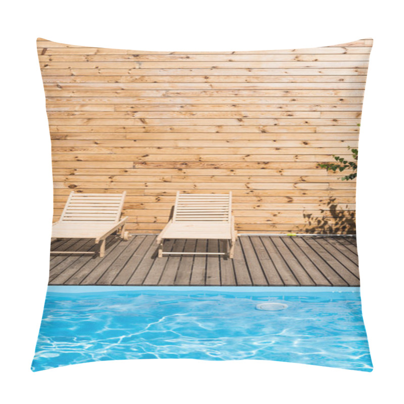 Personality  Empty Cozy Chaise Lounges Near Swimming Pool With Transparent Water Pillow Covers