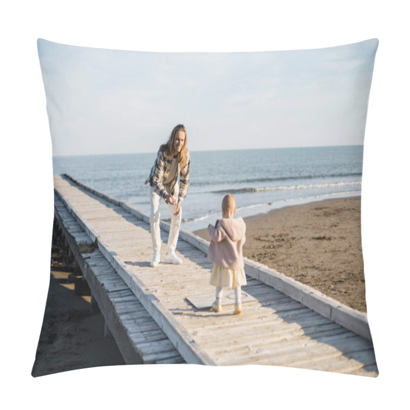 Personality  Happy Father Looking At Baby Daughter Walking On Pier Near Sea In Treviso Pillow Covers