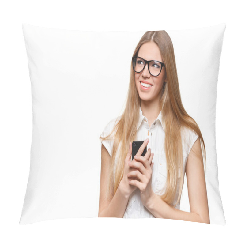 Personality  Happy Smiling Woman Holding A Mobile Phone Looking Away Isolated On White Background Pillow Covers