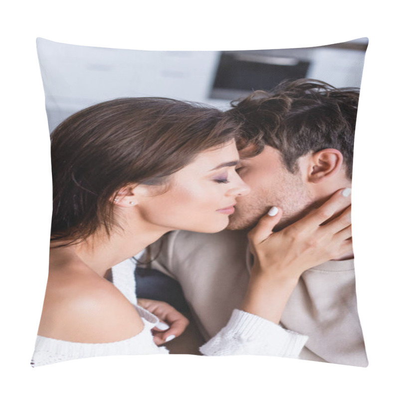 Personality  Brunette Woman Touching Neck Of Boyfriend At Home  Pillow Covers