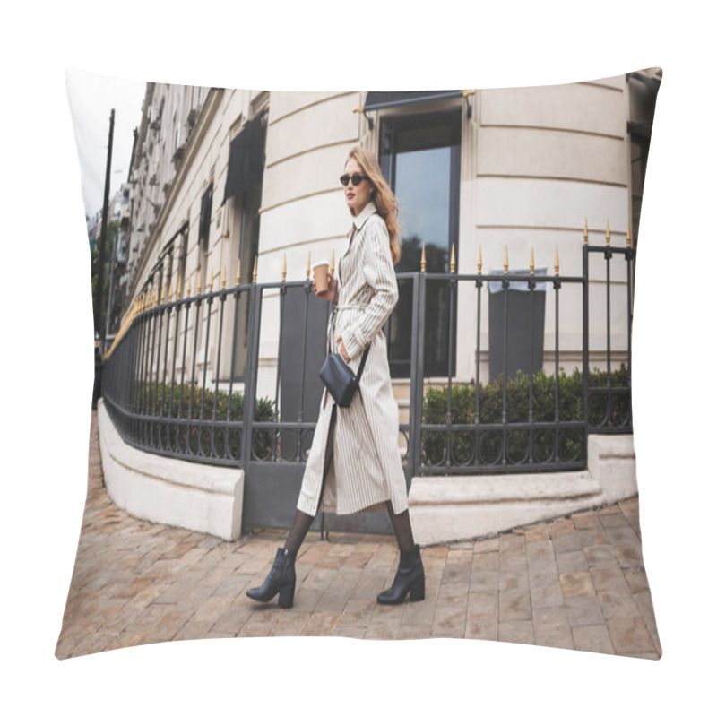 Personality  Beautiful Girl In Striped Trench Coat And Sunglasses With Little Black Cross Bag Holding Coffee To Go In Hand Thoughtfully Walking Around Cozy City Street Pillow Covers