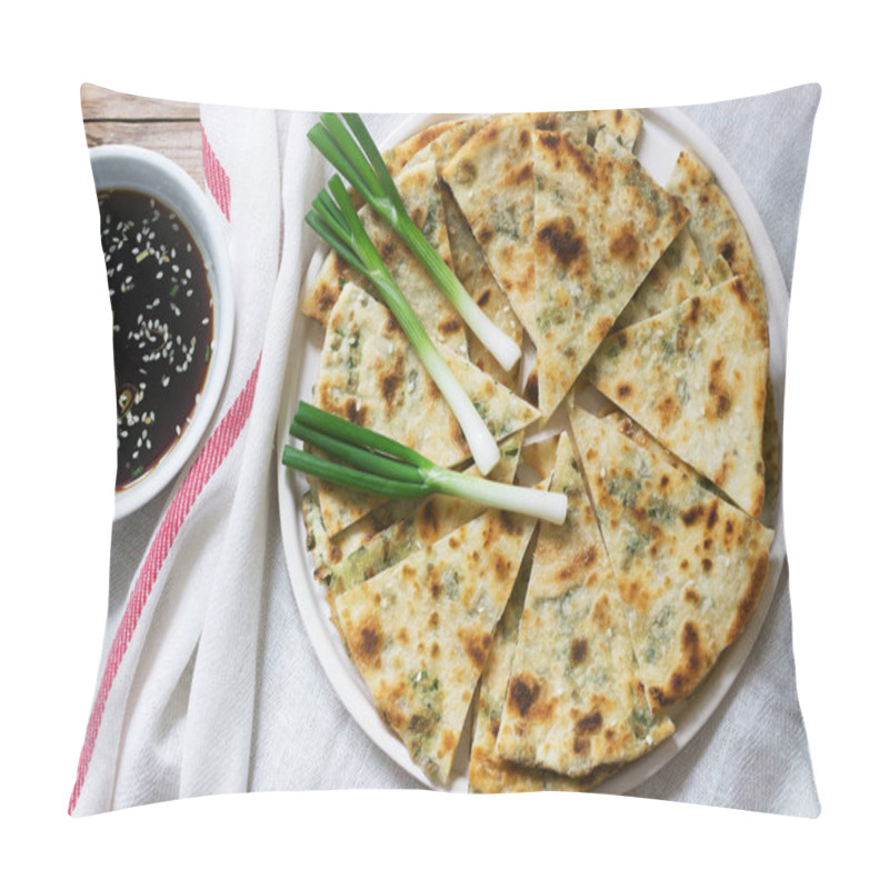 Personality  Homemade Appetizing Scallion Pancakes And A Bunch Of Green Onions. Rustic Style. Pillow Covers