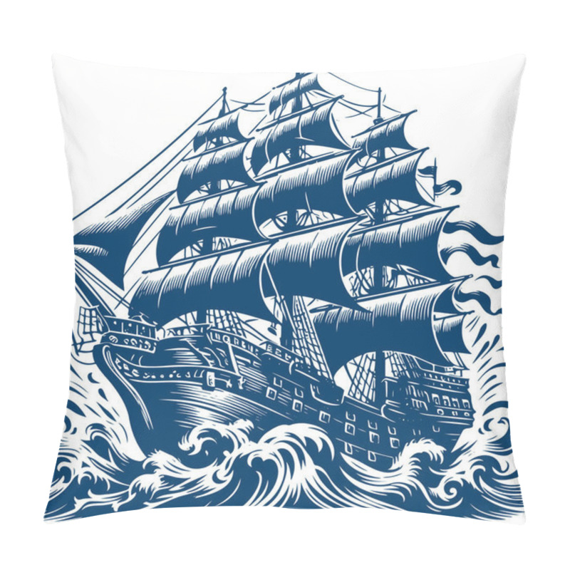 Personality  Engraved Artwork Of A Sailboat Facing Rough Waters Pillow Covers