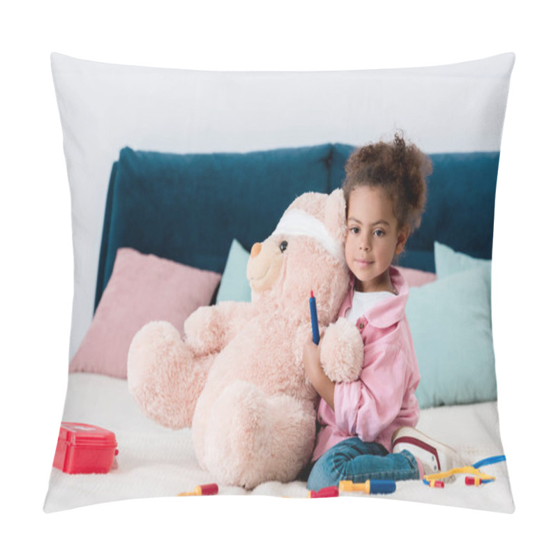 Personality  Little African American Child In Pink Jacket Playing The Doctor  With Teddy Bear  Pillow Covers