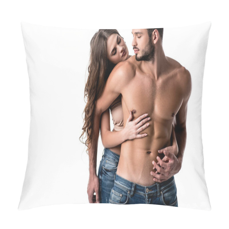 Personality  Front View Of Sensual Half Naked Couple In Jeans Hugging Isolated On White Pillow Covers