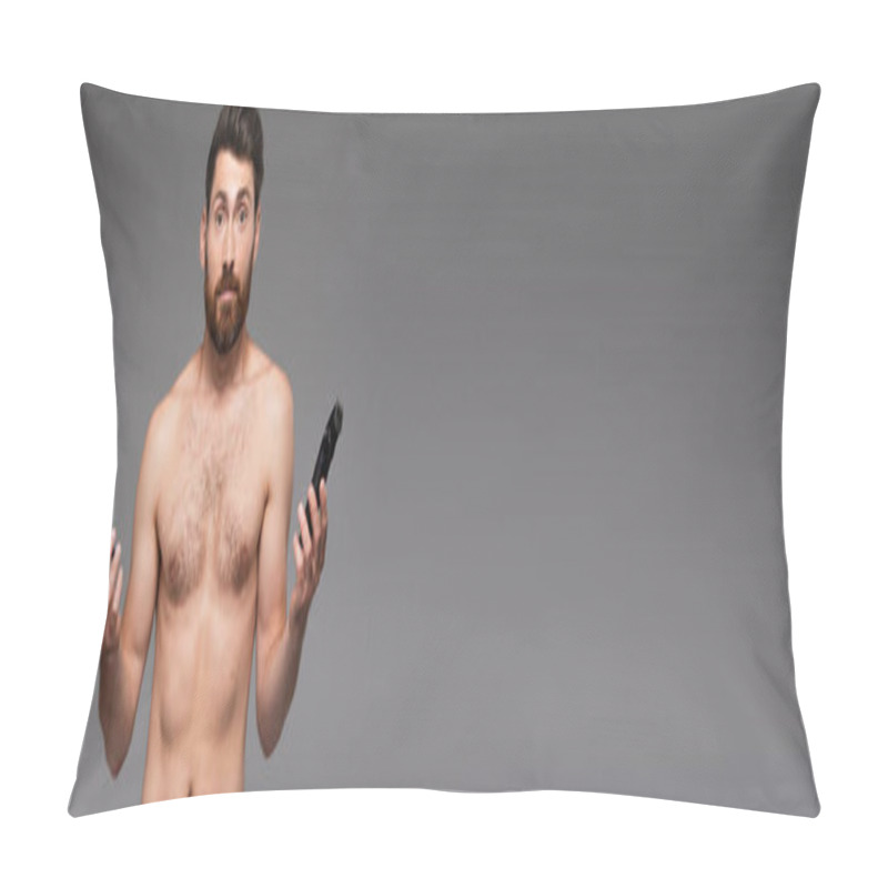 Personality  Confused And Shirtless Man With Beard Holding Safety And Electric Razors Isolated On Grey, Banner Pillow Covers