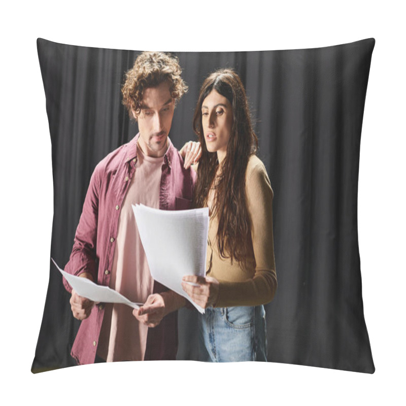 Personality  A Man And Woman Study A Script Together. Pillow Covers