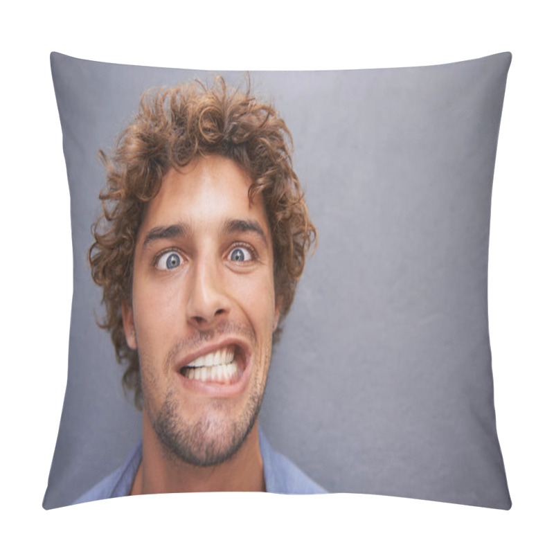 Personality  Young Man, Portrait And Silly Face For Funny Or Goofy Expression Against A Gray Wall Background. Male With Crazy Humor Or Impression Looking And Posing In Playful Happiness Or Fun Manner And Attitude. Pillow Covers