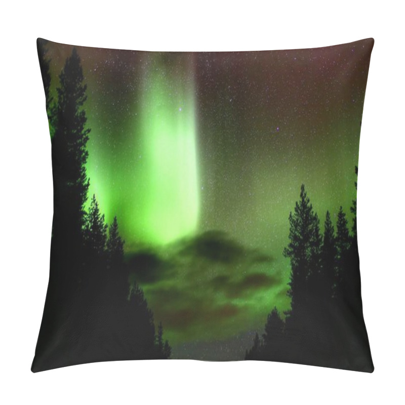 Personality  Bright Green And Red Aurora Borealis And Clouds Between Tree Silhouettes. Pillow Covers