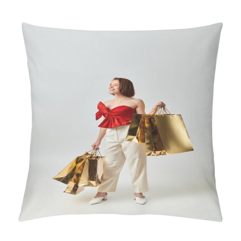 Personality  Christmas Shopping, Joyful Woman In Trendy Attire Holding Shopping Bags On Grey Background Pillow Covers