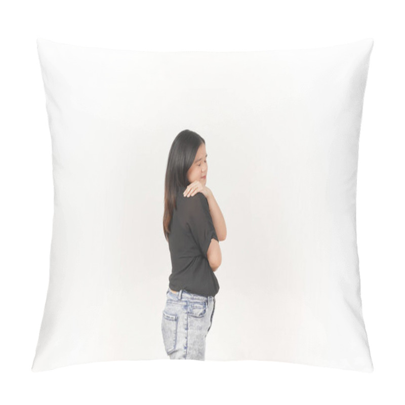 Personality  Beautiful Asian Woman Places Her Hand Gently On Her Chest, Expressing Sincerity Or Gratitude, Against A White Background Pillow Covers