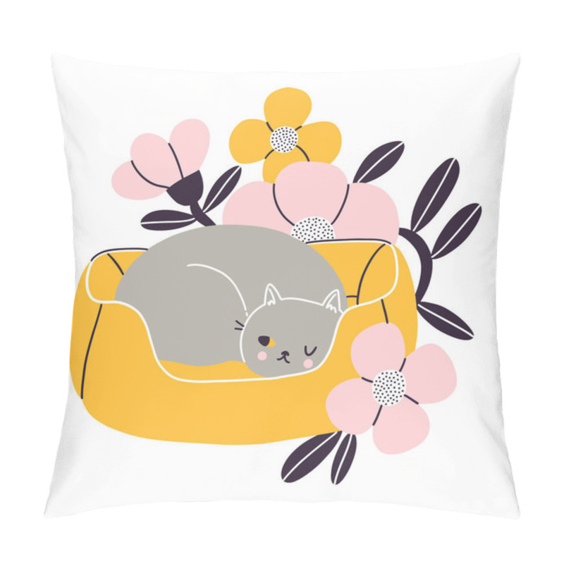 Personality  Cat Nap Corner, Grey British Cat Sleeping In Her Pet Bed With Flowers, Vector Illustration Isolated On White Background Pillow Covers