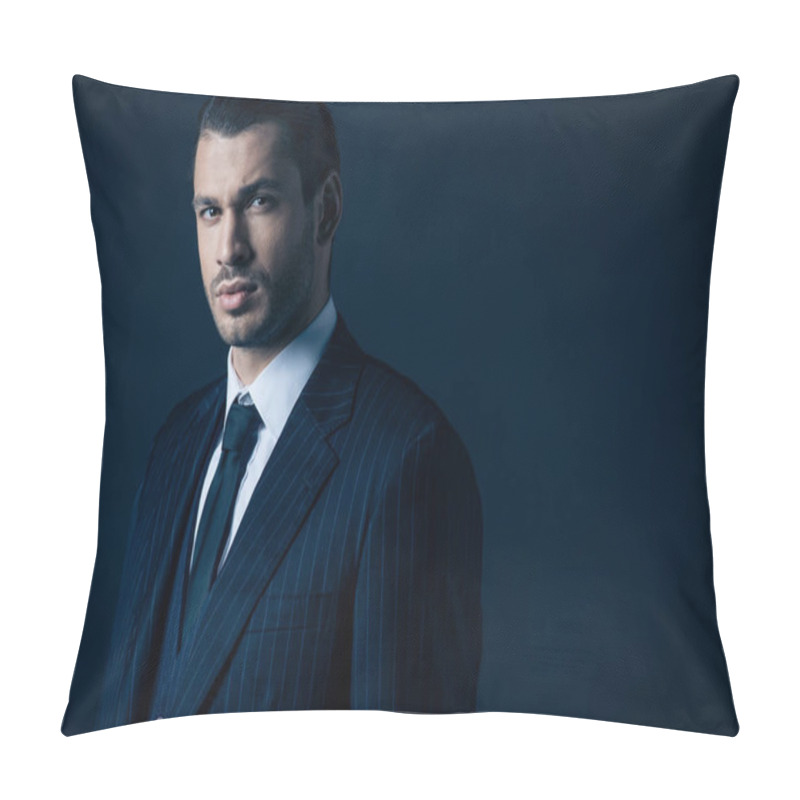 Personality  Elegant Mafioso Looking At Camera On Dark Blue Background Pillow Covers