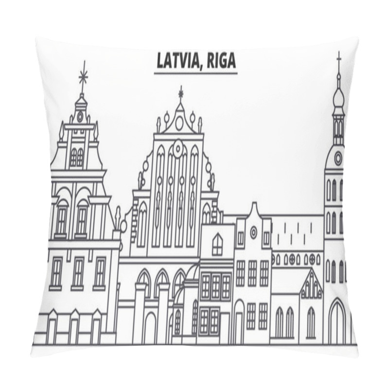 Personality  Latvia, Riga Line Skyline Vector Illustration. Latvia, Riga Linear Cityscape With Famous Landmarks, City Sights, Vector Design Landscape.  Pillow Covers