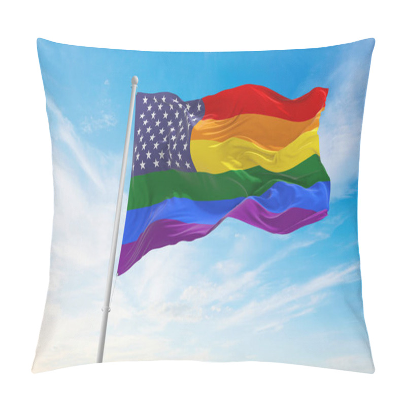 Personality  United States Lgbt Pride Flag Waving In The Wind At Cloudy Sky. Freedom And Love Concept. Pride Month. Activism, Community And Freedom Concept. Copy Space. 3d Illustration. Pillow Covers