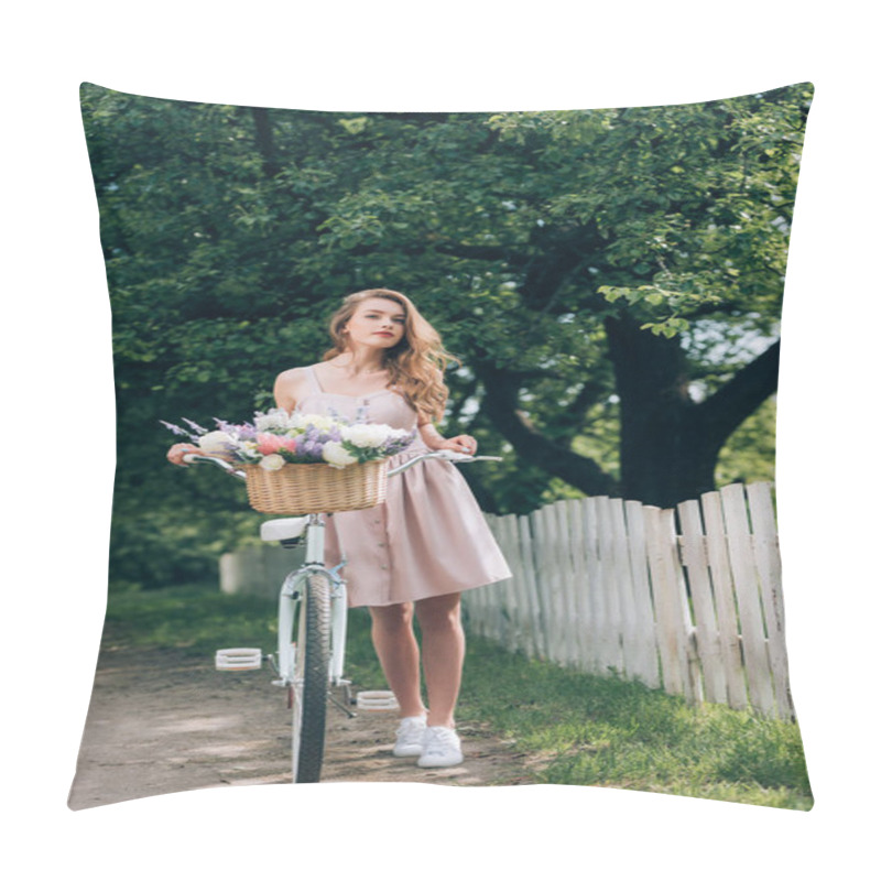 Personality  Beautiful Pensive Woman In Dress With Retro Bicycle With Wicker Basket Full Of Flowers At Countryside Pillow Covers