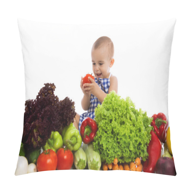 Personality  Happy Smiling Baby Holding Tomato With Different Vegetables Pillow Covers