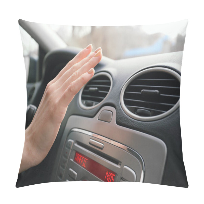 Personality  Woman Checking Operation Of Air Conditioner In Car, Closeup Pillow Covers