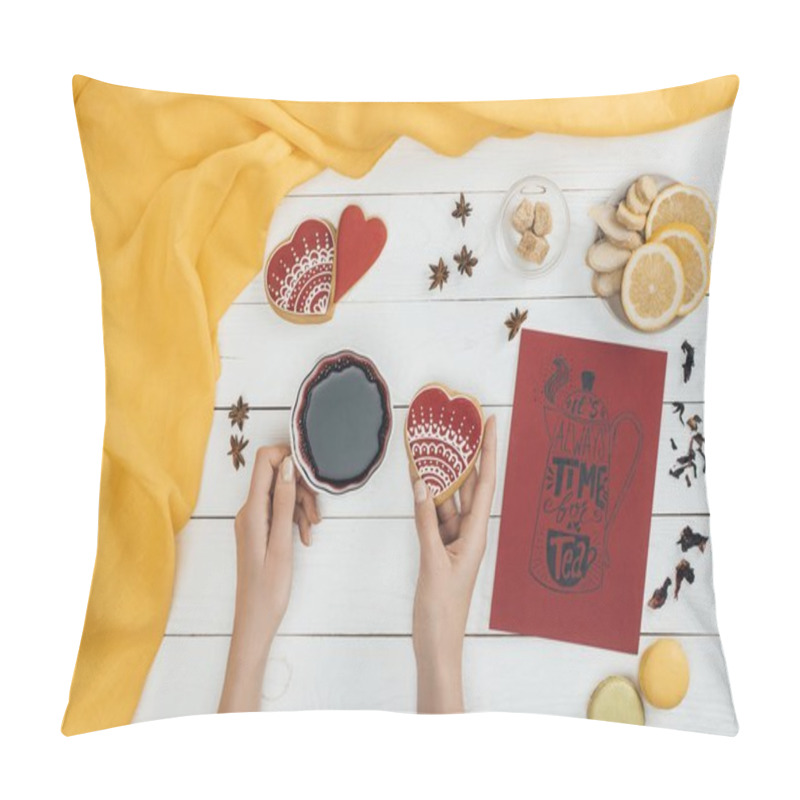 Personality  Girl Drinking Tea With Cookies Pillow Covers