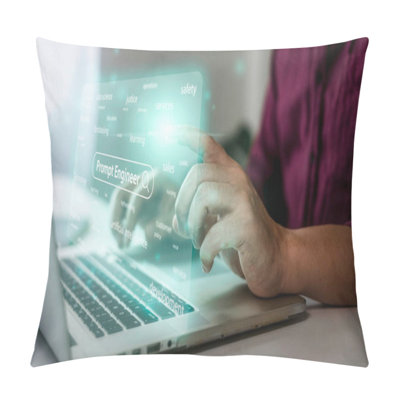 Personality  ChatGPT And Prompt Engineer Concept, A Person Using A Laptop With A Glowing Screen On Their Screen And A Hand Touching The Screen With A Finger. Pillow Covers