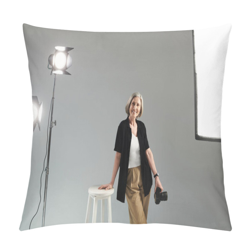 Personality  Middle Aged Photographer With Digital Camera Striking A Pose In Photo Studio Pillow Covers