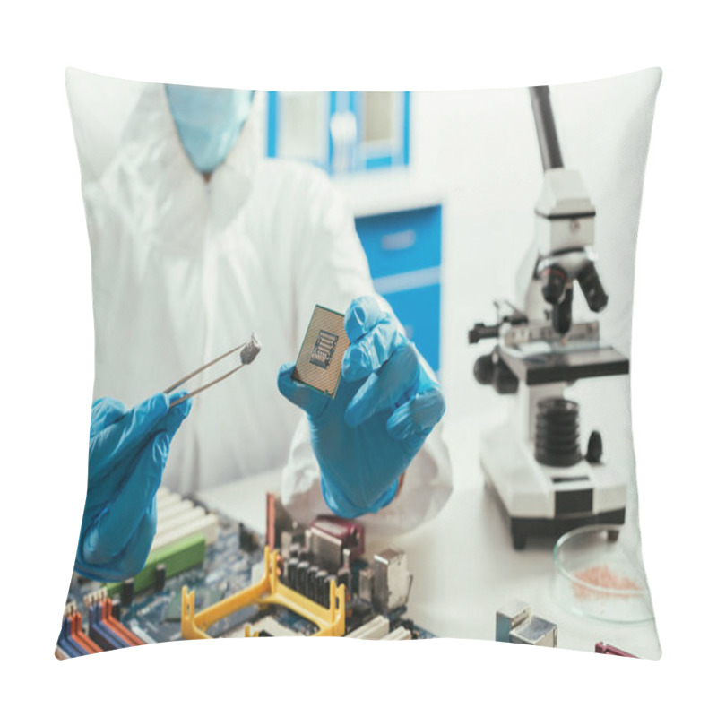 Personality  Cropped View Of Engineer Holding Microchip And Small Stone Near Microscope And Computer Motherboard Pillow Covers