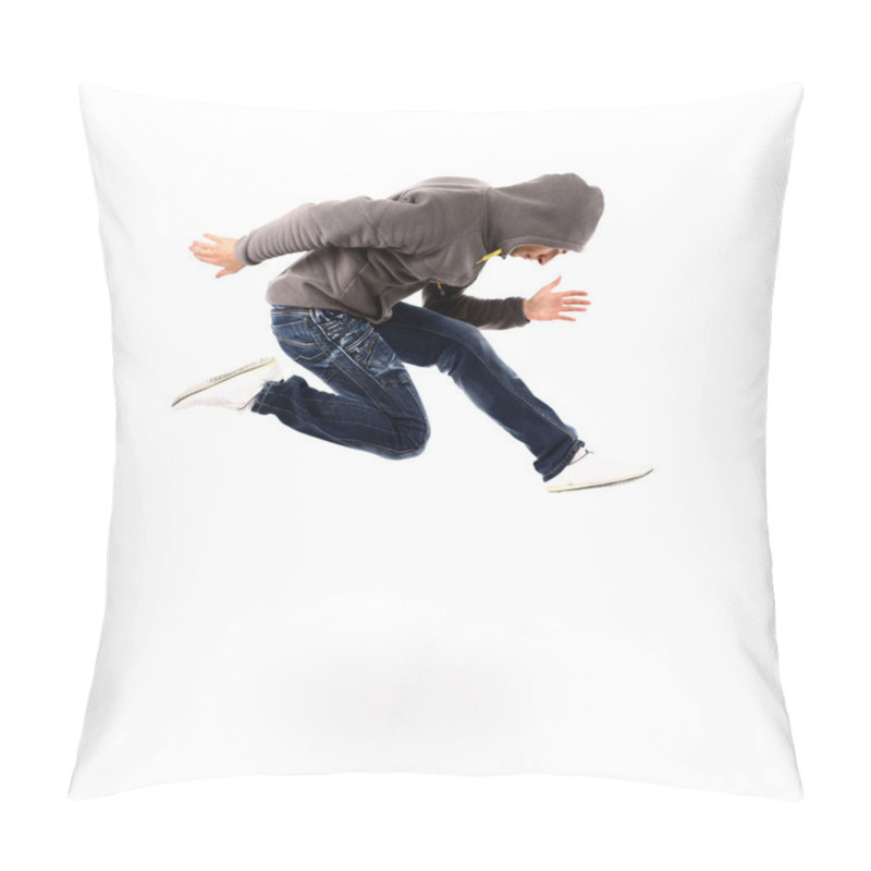 Personality  Awesome Dancer Is Jumping Very High On A White Background Pillow Covers