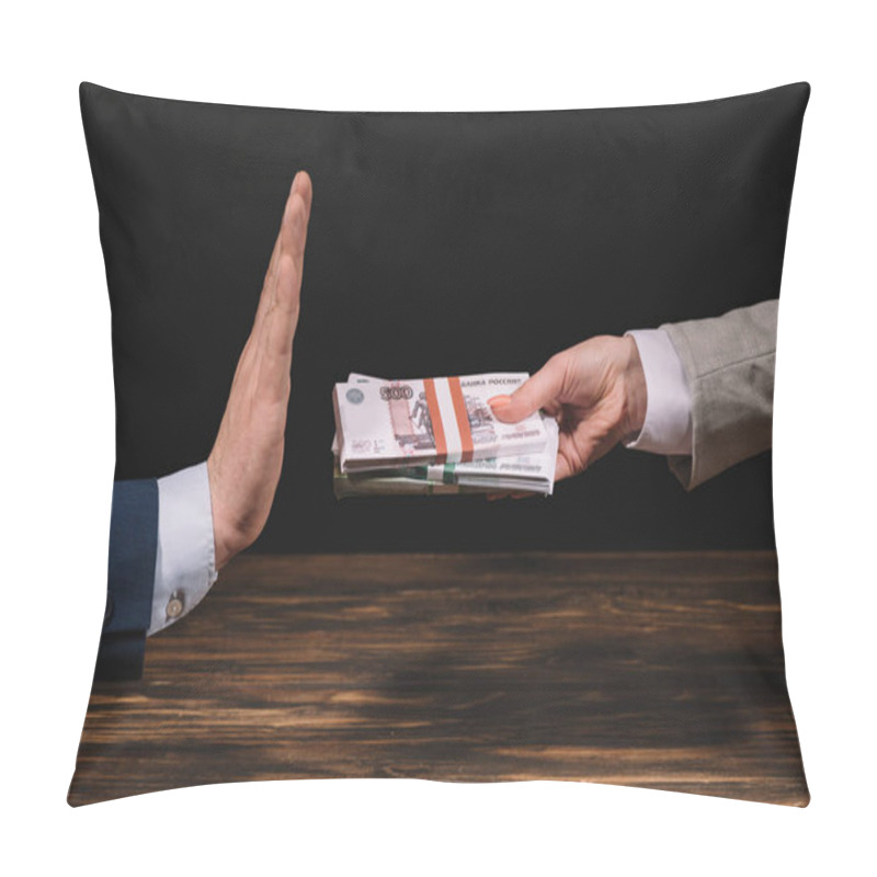 Personality  Cropped Shot Of Businesswoman Giving Russian Rubles Banknotes To Businessman Gesturing No Sign On Black Pillow Covers