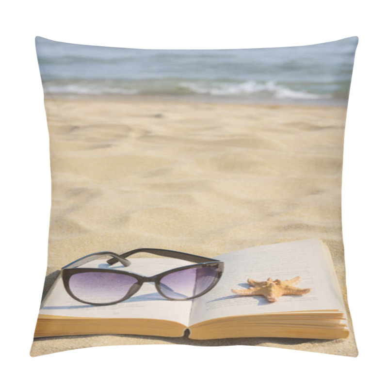 Personality  Beautiful Sunglasses, Book And Starfish On Sand Near Sea Pillow Covers