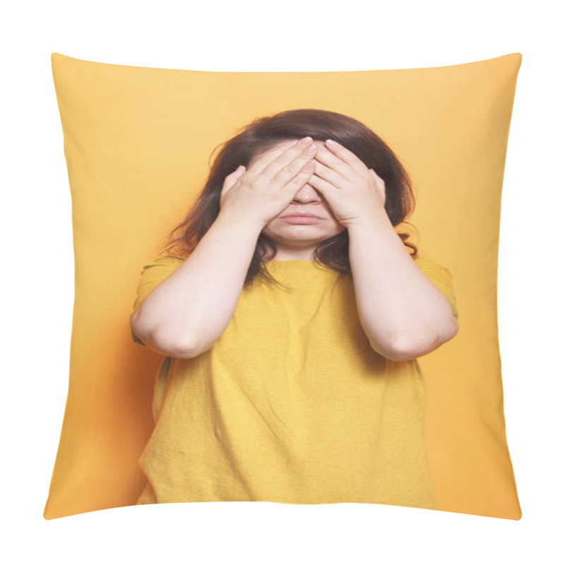 Personality  Troubled Woman Covering Face And Eyes With Palms. Female Person Standing With Hands On Closed Eyes, Feeling Emotional Over Isolated Background. Shy Person Hiding Facial Expression From Camera. Pillow Covers