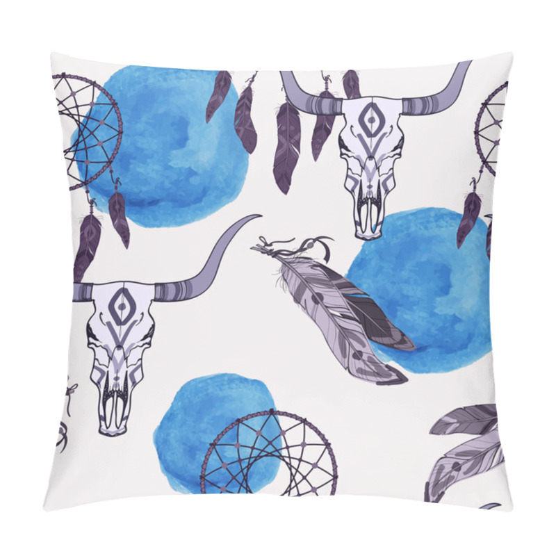 Personality  Vector Seamless Pattern With Dream Catcher, Bull Skull, Feathers Pillow Covers