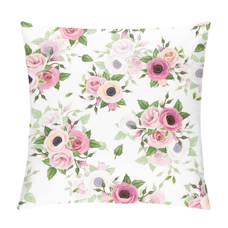 Personality  Seamless Pattern With Pink Roses, Lisianthus And Anemone Flowers. Vector Illustration. Pillow Covers