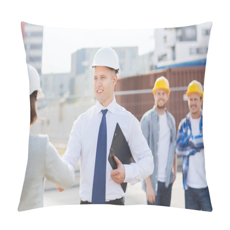 Personality  Group Of Smiling Builders In Hardhats Outdoors Pillow Covers