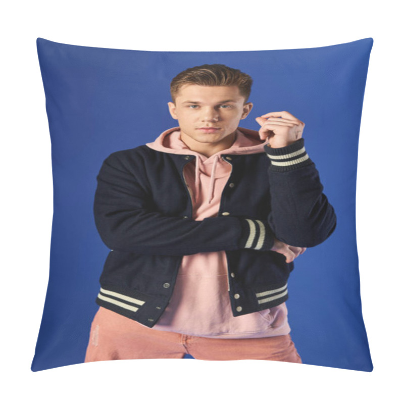 Personality  Young Man Shows Confidence In Modern Fashion Against A Bright Backdrop. Pillow Covers