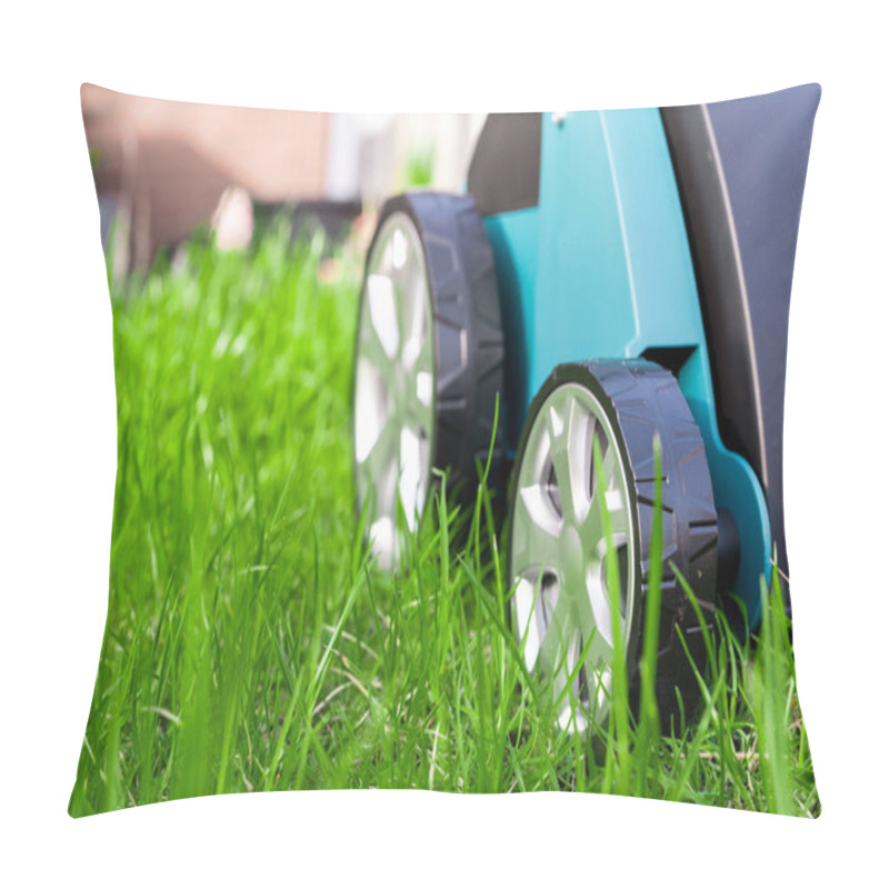 Personality  Scarifier On Green Grass. Work In The Garden. Scarifier. Pillow Covers