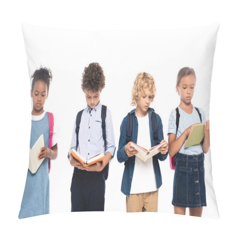 Personality  Multicultural Schoolkids With Backpacks Reading Books Isolated On White  Pillow Covers