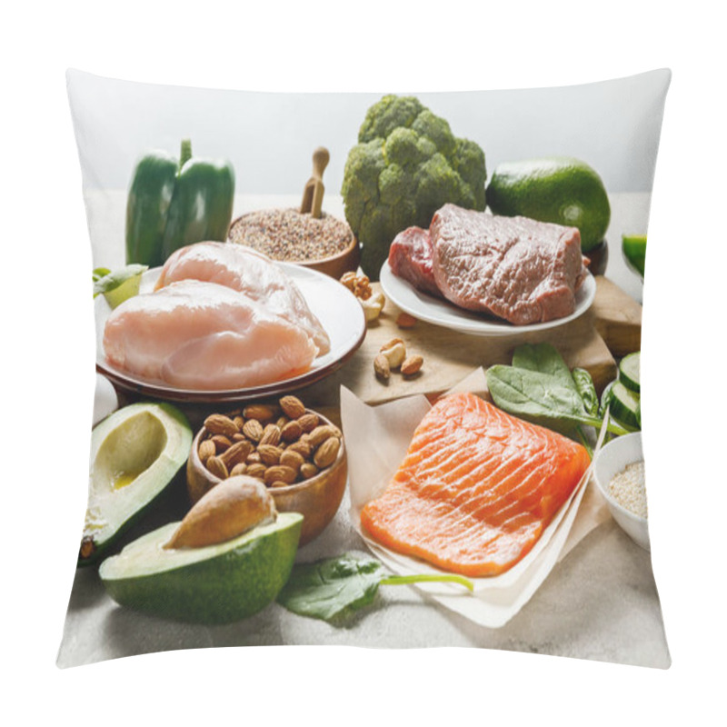 Personality  Raw Salmon, Meat And Chicken Breasts Near Green Vegetables Isolated On Grey, Ketogenic Diet Menu Pillow Covers