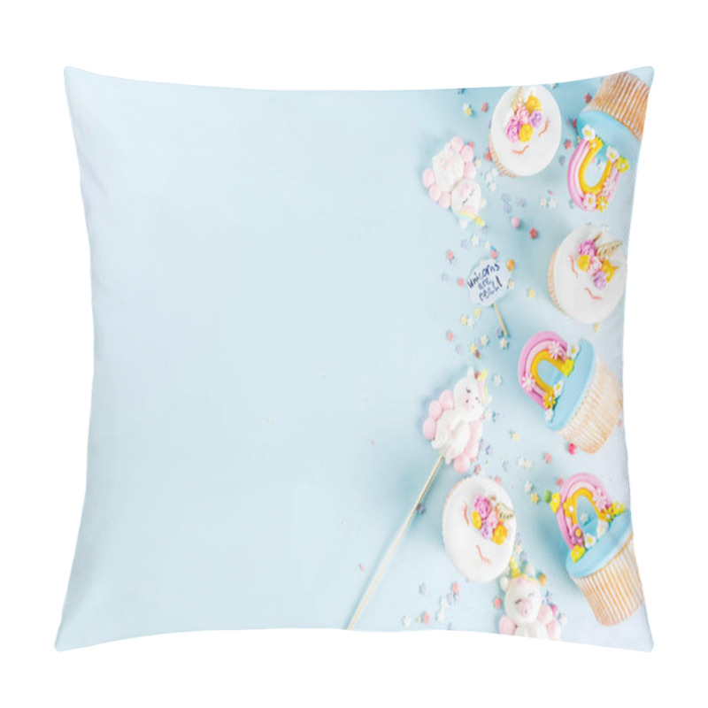 Personality  Cute Unicorn And Rainbow Cupcakes, Light Blue Background, Copy Space Pillow Covers