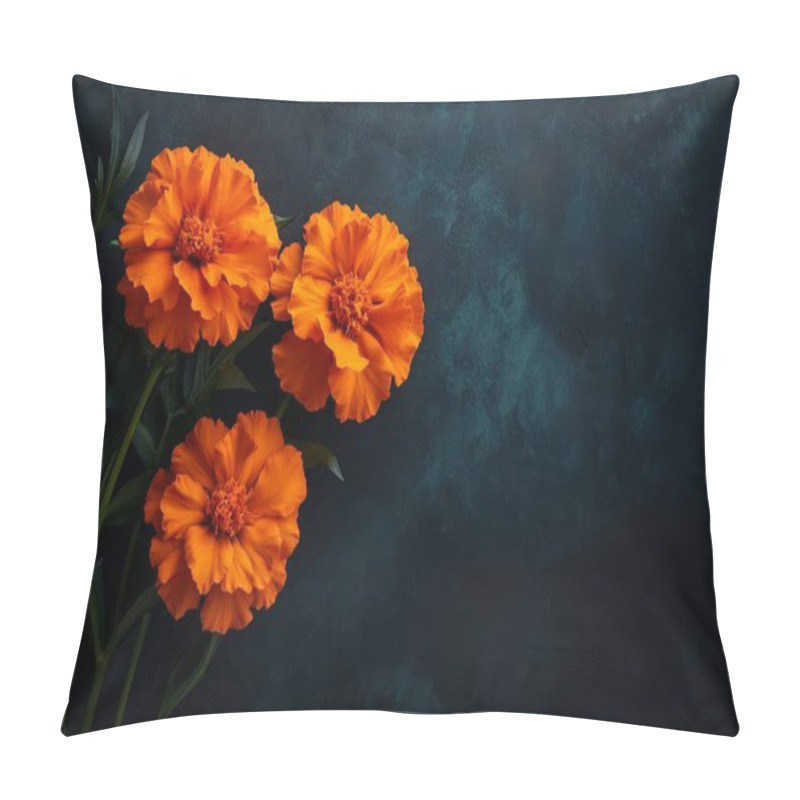 Personality  A Striking Composition Of Vibrant Orange Marigold Flowers Set Against A Dark Textured Background. This AI-generated Image Highlights Contrast And Floral Beauty. Pillow Covers