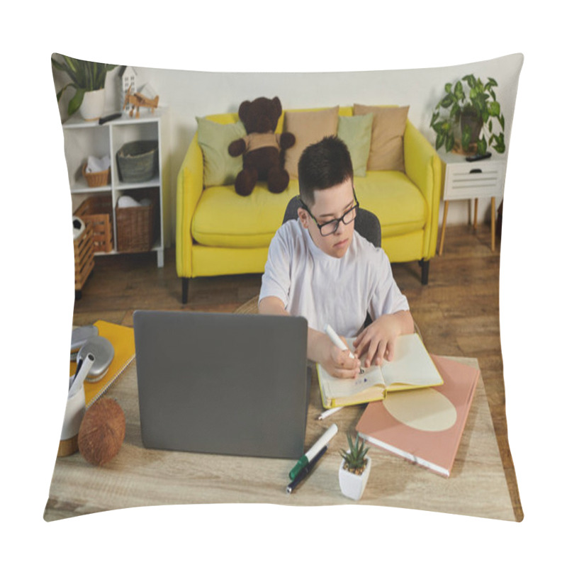 Personality  A Young Boy With Down Syndrome Studies At Home. Pillow Covers