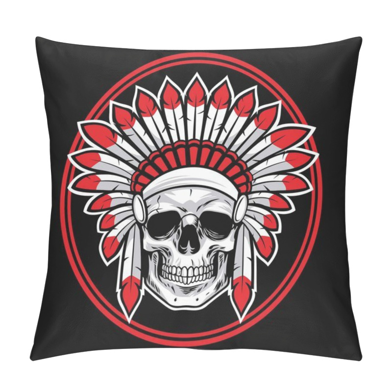 Personality  Skull Of Indian Native American Warrior Vector With Red Feather Pillow Covers